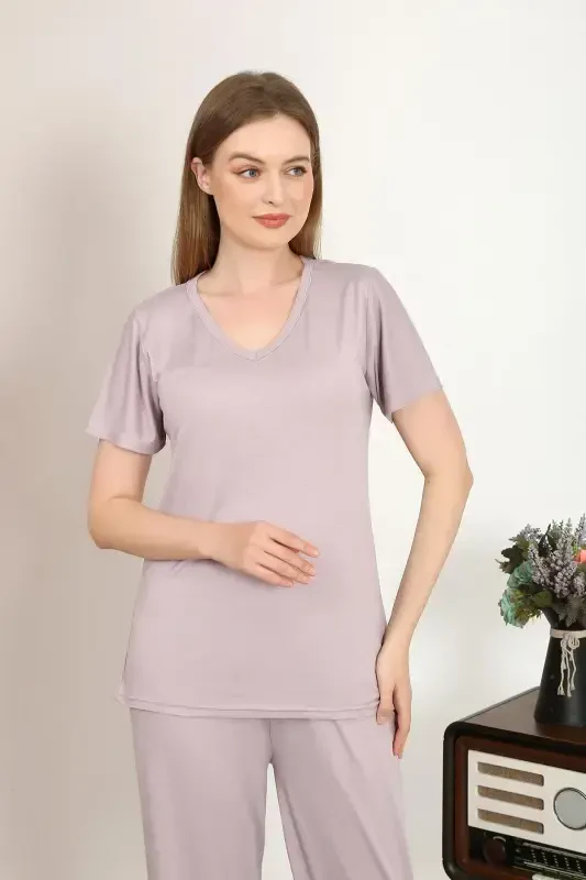 Akbeniz Women's Short Sleeve Cotton Jersey Pajama Set Powder 4213 - 2