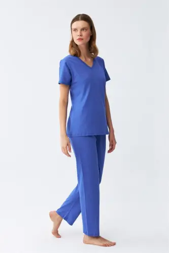Akbeniz Women's Short Sleeve Cotton Jersey Pajama Set Sax 4213 
