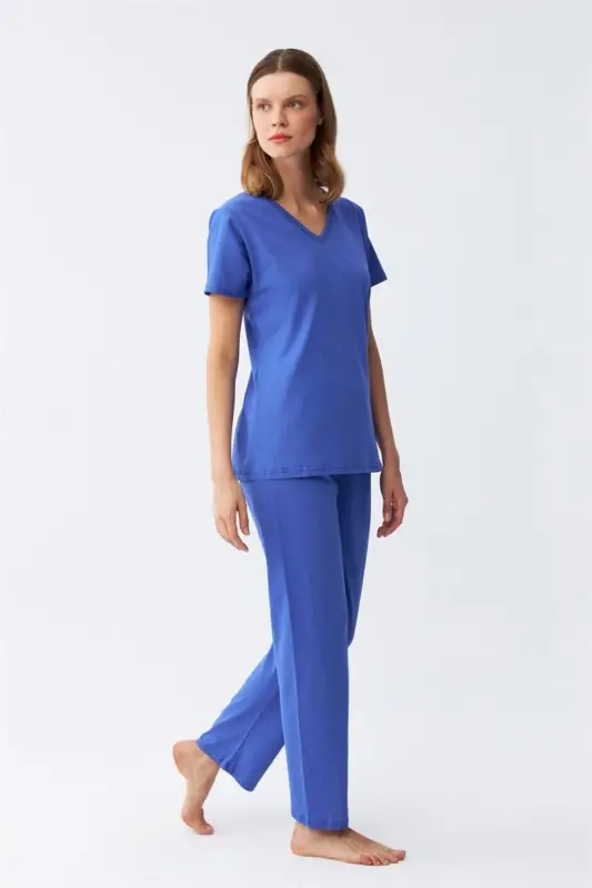 Akbeniz Women's Short Sleeve Cotton Jersey Pajama Set Sax 4213 - AKBENIZ