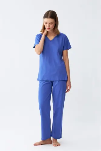 Akbeniz Women's Short Sleeve Cotton Jersey Pajama Set Sax 4213 - AKBENIZ (1)