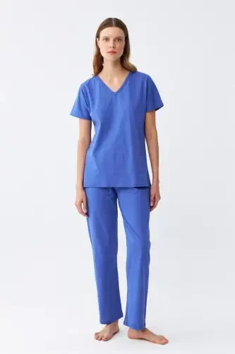 Akbeniz Women's Short Sleeve Cotton Jersey Pajama Set Sax 4213 - 3