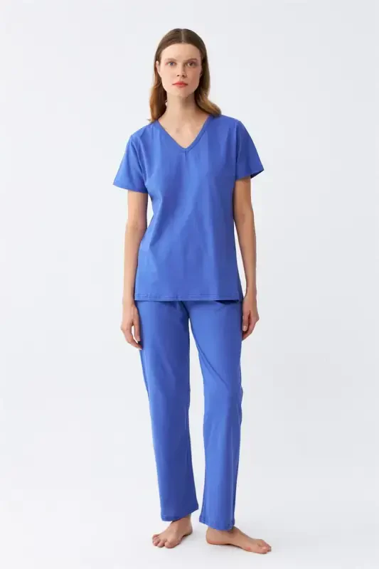 Akbeniz Women's Short Sleeve Cotton Jersey Pajama Set Sax 4213 - 3