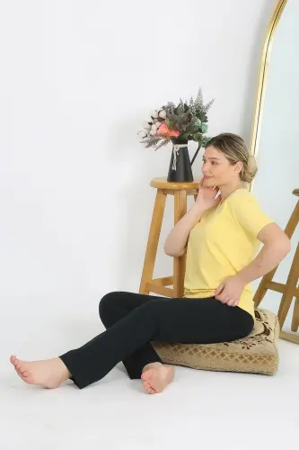 Akbeniz Women's Short Sleeve Cotton Jersey Pajama Set Yellow 4215 - 13