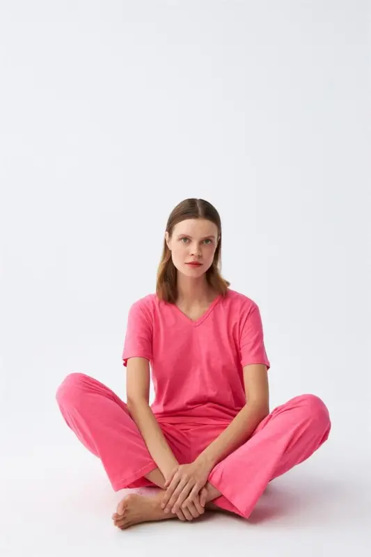 Akbeniz Women's Short Sleeve Cotton Knit Pajama Set Fuchsia 4213 - AKBENIZ