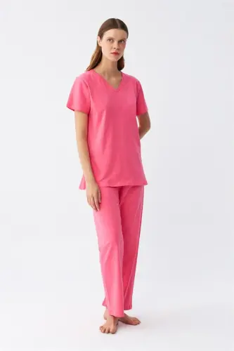 Akbeniz Women's Short Sleeve Cotton Knit Pajama Set Fuchsia 4213 - AKBENIZ (1)
