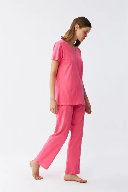 Akbeniz Women's Short Sleeve Cotton Knit Pajama Set Fuchsia 4213 - 3