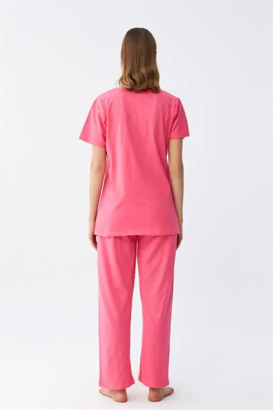 Akbeniz Women's Short Sleeve Cotton Knit Pajama Set Fuchsia 4213 - 7