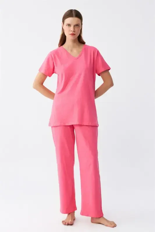 Akbeniz Women's Short Sleeve Cotton Knit Pajama Set Fuchsia 4213 - 4