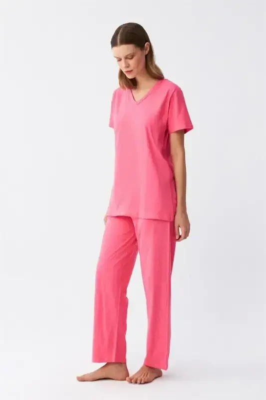 Akbeniz Women's Short Sleeve Cotton Knit Pajama Set Fuchsia 4213 - 5