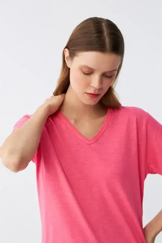 Akbeniz Women's Short Sleeve Cotton Knit Pajama Set Fuchsia 4213 - 6