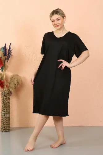 Akbeniz Women's Short Sleeve Knee Length Over Size Black Home Dress - Nightdress 93410 
