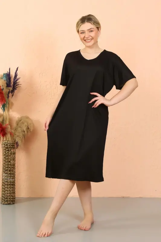 Akbeniz Women's Short Sleeve Knee Length Over Size Black Home Dress - Nightdress 93410 - 3