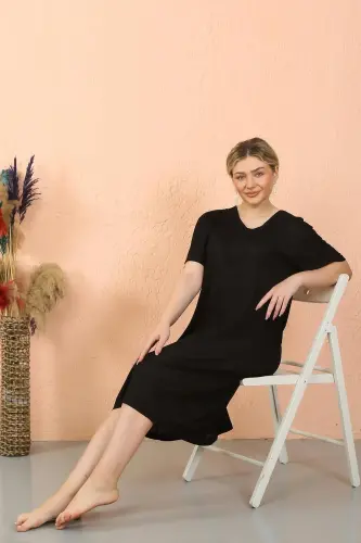 Akbeniz Women's Short Sleeve Knee Length Over Size Black Home Dress - Nightdress 93410 - 4