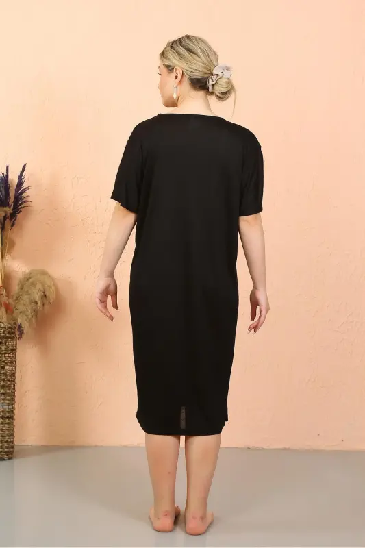 Akbeniz Women's Short Sleeve Knee Length Over Size Black Home Dress - Nightdress 93410 - 6