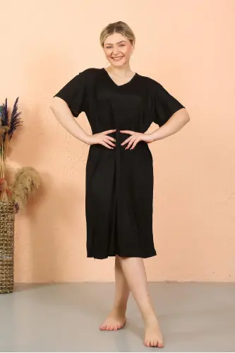 Akbeniz Women's Short Sleeve Knee Length Over Size Black Home Dress - Nightdress 93410 - 7