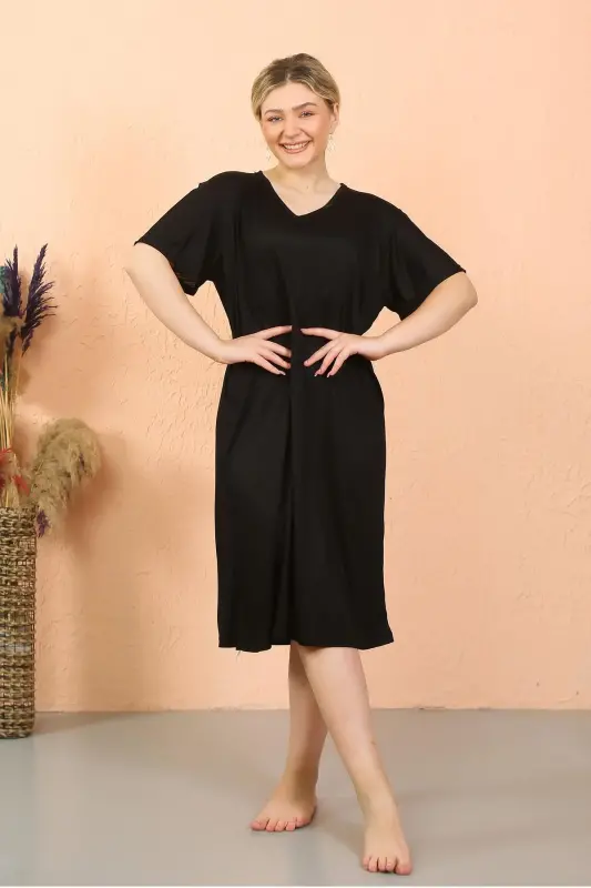 Akbeniz Women's Short Sleeve Knee Length Over Size Black Home Dress - Nightdress 93410 - 7