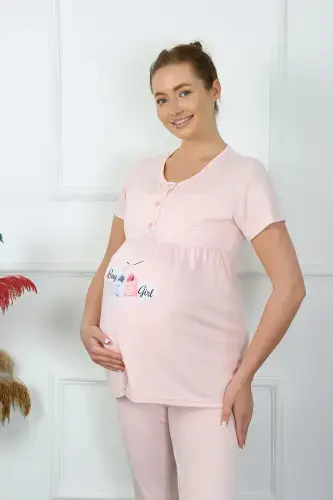Akbeniz Women's Short Sleeve Maternity Nursing Pajama Set Powder 45210 - AKBENIZ (1)