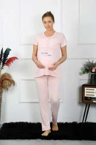 Akbeniz Women's Short Sleeve Maternity Nursing Pajama Set Powder 45210 - 4