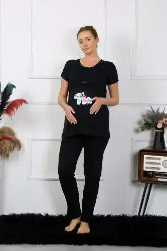 Akbeniz Women's Short Sleeve Maternity Pajama Set Black 45210 - 4