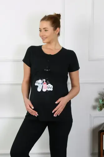 Akbeniz Women's Short Sleeve Maternity Pajama Set Black 45210 - 5