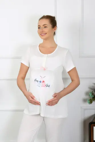Akbeniz Women's Short Sleeve Maternity Pajama Set Ecru 45210 - 1