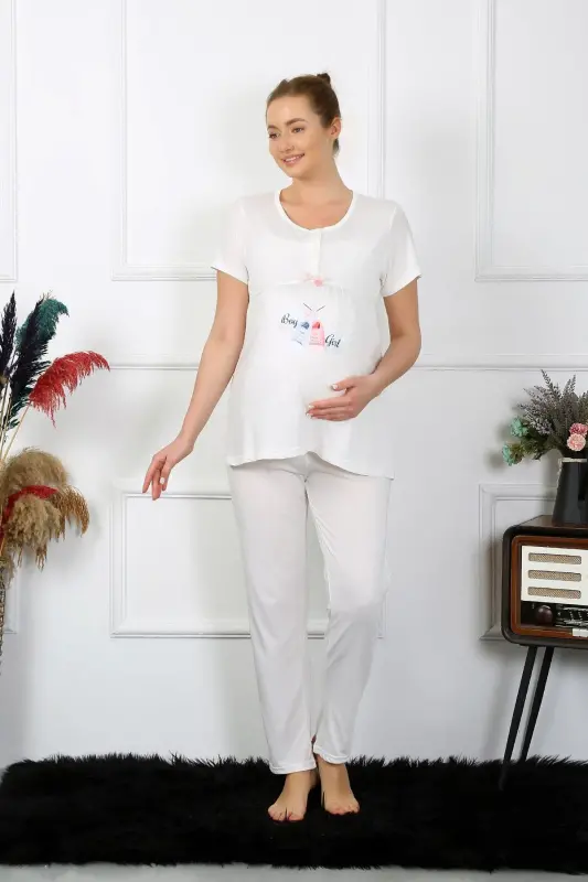 Akbeniz Women's Short Sleeve Maternity Pajama Set Ecru 45210 - 3