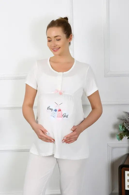 Akbeniz Women's Short Sleeve Maternity Pajama Set Ecru 45210 - 4