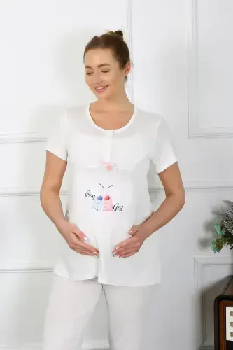 Akbeniz Women's Short Sleeve Maternity Pajama Set Ecru 45210 - 4
