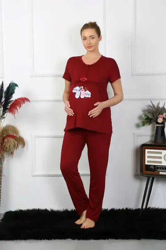 Akbeniz Women's Short Sleeve Maternity Postpartum Pajama Set Burgundy 45210 - 3