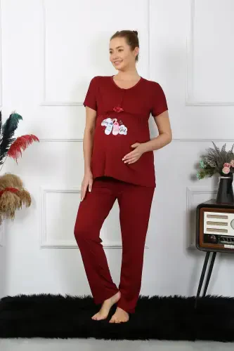 Akbeniz Women's Short Sleeve Maternity Postpartum Pajama Set Burgundy 45210 - 4