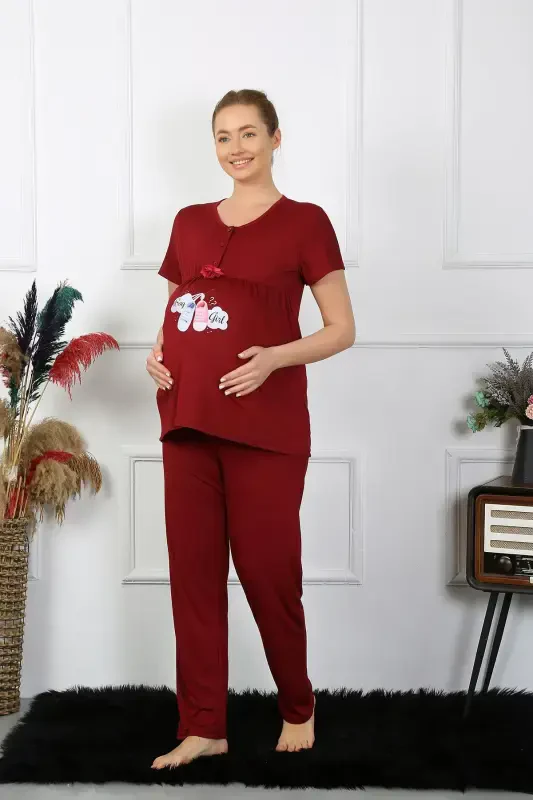 Akbeniz Women's Short Sleeve Maternity Postpartum Pajama Set Burgundy 45210 - 5