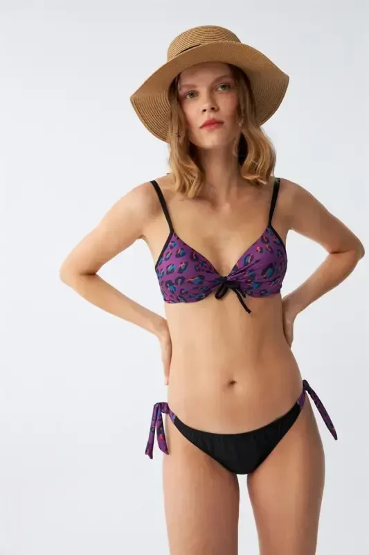 Akbeniz Women's Side Tie Halter Padded Bow Bikini Set Purple 35014 - 5