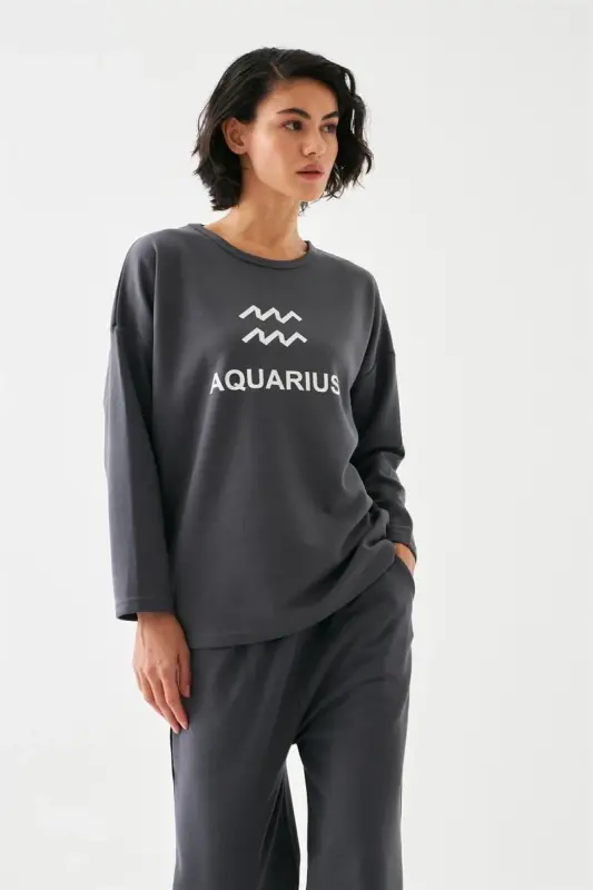 Akbeniz Women's Smoke Gray Aquarius Oversize 2 Thread Tracksuit Loungewear Set - AKBENIZ