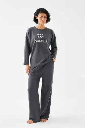 Akbeniz Women's Smoke Gray Aquarius Oversize 2 Thread Tracksuit Loungewear Set - 3