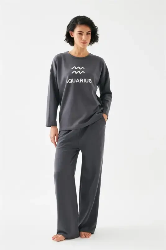 Akbeniz Women's Smoke Gray Aquarius Oversize 2 Thread Tracksuit Loungewear Set - 3