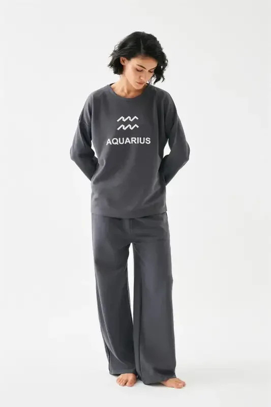 Akbeniz Women's Smoke Gray Aquarius Oversize 2 Thread Tracksuit Loungewear Set - 4