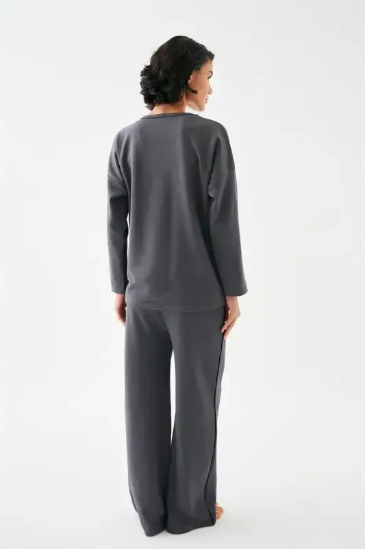 Akbeniz Women's Smoke Gray Aquarius Oversize 2 Thread Tracksuit Loungewear Set - 6