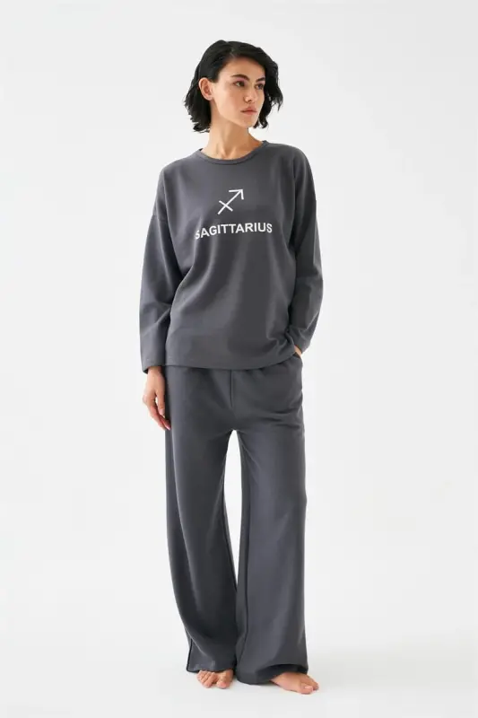 Akbeniz Women's Smoke Grey Sagittarius Oversize 2 Thread Tracksuit Loungewear Set - 4