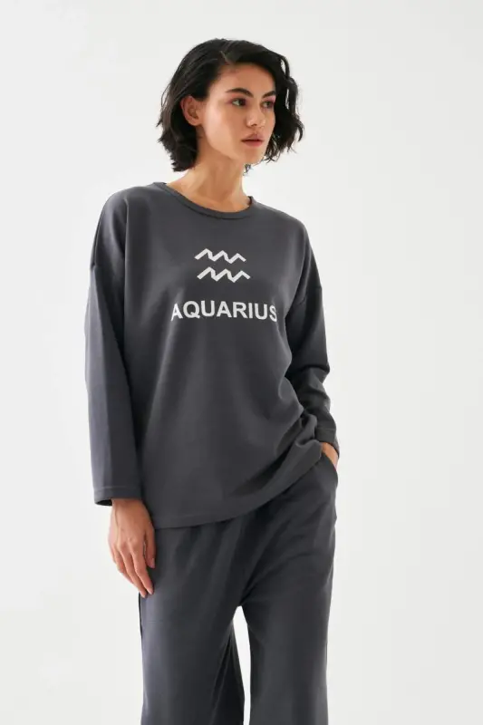 Akbeniz Women's Smoked Bucket Sign Aquarius Oversize 2 Thread Tracksuit Home Wear Set - BÜYÜKBEDENIZ