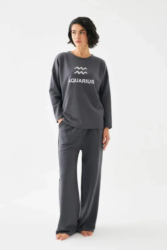Akbeniz Women's Smoked Bucket Sign Aquarius Oversize 2 Thread Tracksuit Home Wear Set - 2