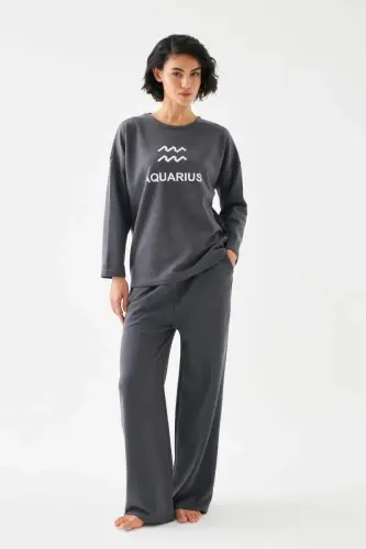 Akbeniz Women's Smoked Bucket Sign Aquarius Oversize 2 Thread Tracksuit Home Wear Set - 3