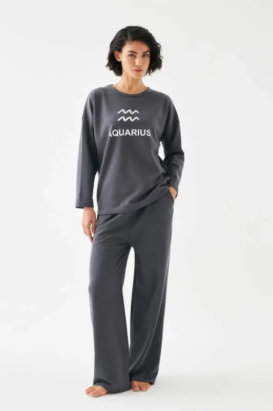 Akbeniz Women's Smoked Bucket Sign Aquarius Oversize 2 Thread Tracksuit Home Wear Set - 3