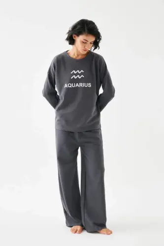 Akbeniz Women's Smoked Bucket Sign Aquarius Oversize 2 Thread Tracksuit Home Wear Set - 4