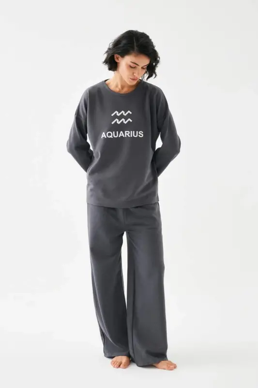 Akbeniz Women's Smoked Bucket Sign Aquarius Oversize 2 Thread Tracksuit Home Wear Set - 4