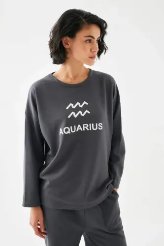 Akbeniz Women's Smoked Bucket Sign Aquarius Oversize 2 Thread Tracksuit Home Wear Set - 5