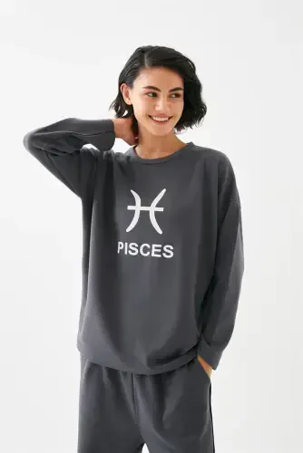 Akbeniz Women's Smoked Fish Sign Oversize 2 Yarn Tracksuit Home Wear Set - 3