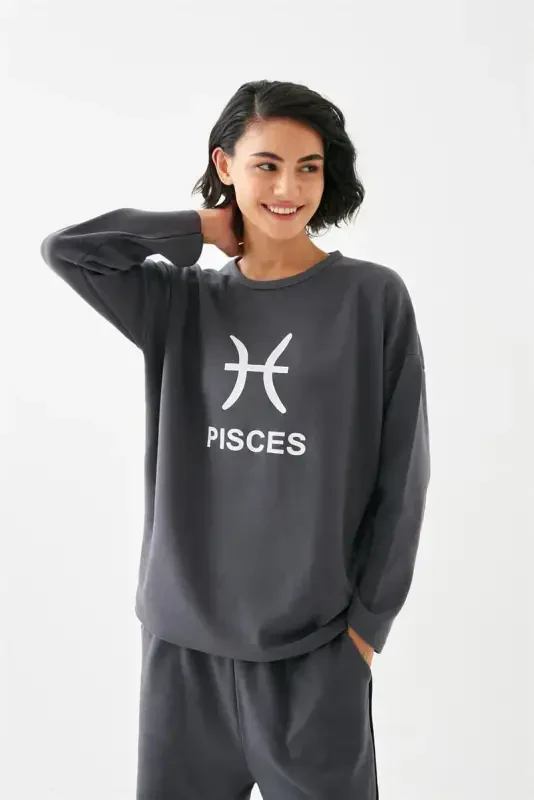 Akbeniz Women's Smoked Fish Sign Oversize 2 Yarn Tracksuit Home Wear Set - 3