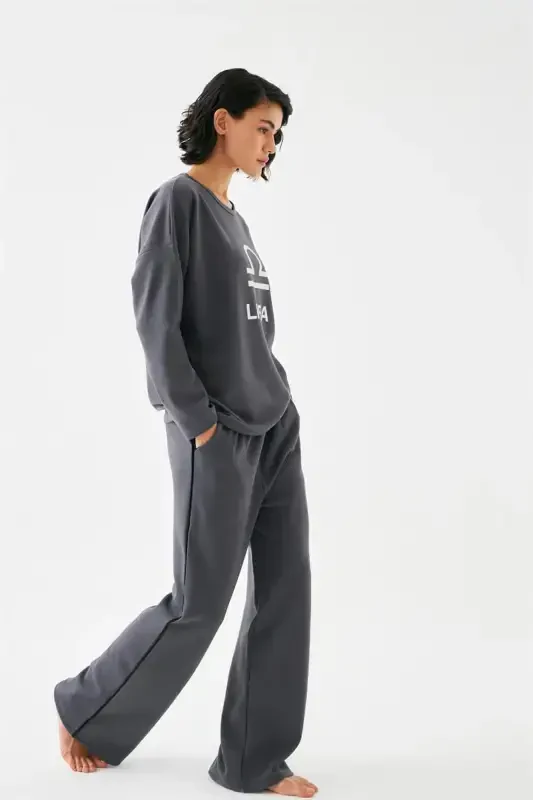 Akbeniz Women's Smoked Gray Libra Oversize 2 Thread Tracksuit Loungewear Set - 2