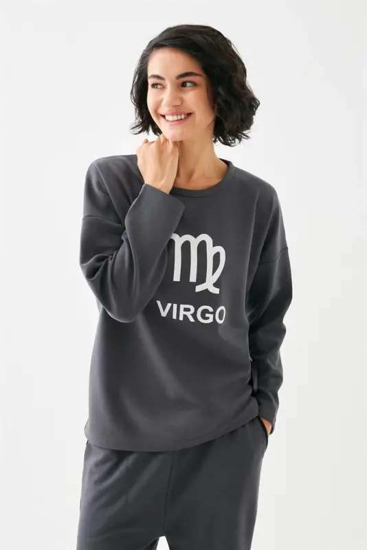 Akbeniz Women's Smoked Wheat Ear Virgo Oversize 2 Thread Tracksuit Home Wear Set - 1