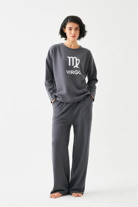 Akbeniz Women's Smoked Wheat Ear Virgo Oversize 2 Thread Tracksuit Home Wear Set - 3